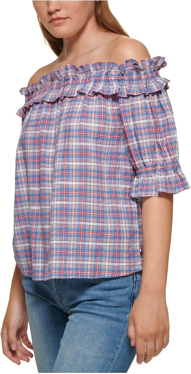 Блуза с воланами и клеткой, классическая, Tommy Hilfiger, синяя — фото 3