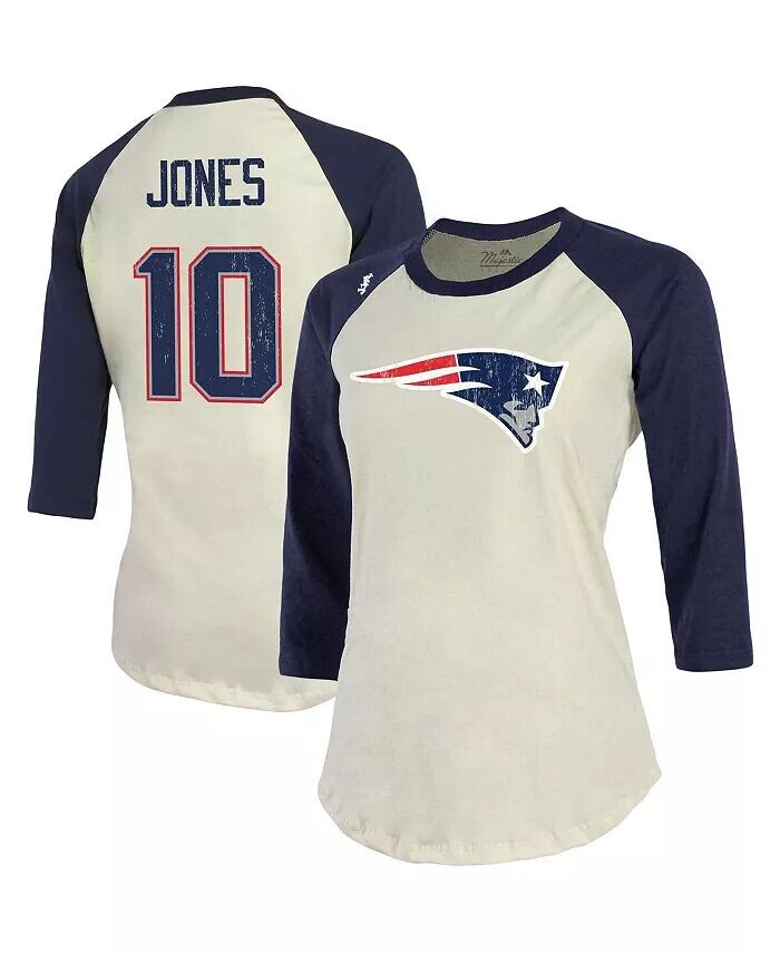 

Женские нитки Mac Jones Cream, темно-синий New England Patriots Имя и номер игрока Футболка реглан с рукавами 3/4 Majestic