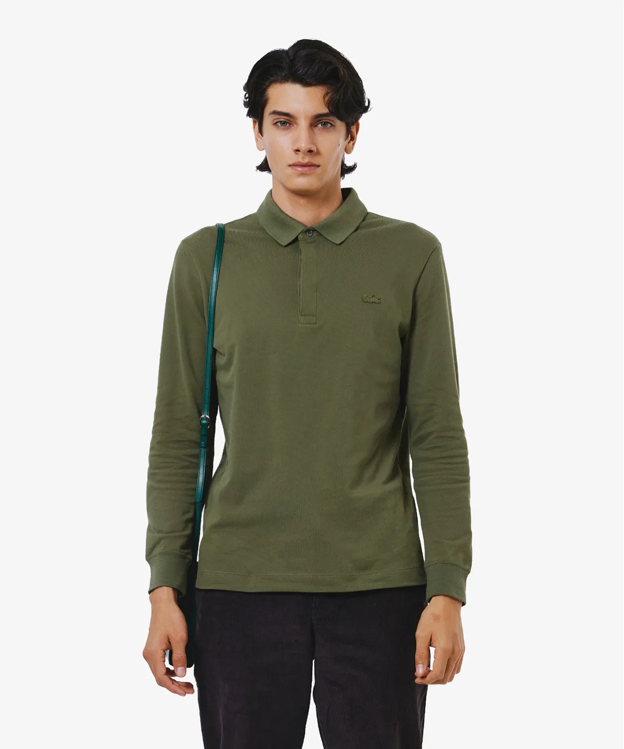 Мужская длинная футболка-поло Lacoste с хай-нек застежкой, темно-синяя — фото 2