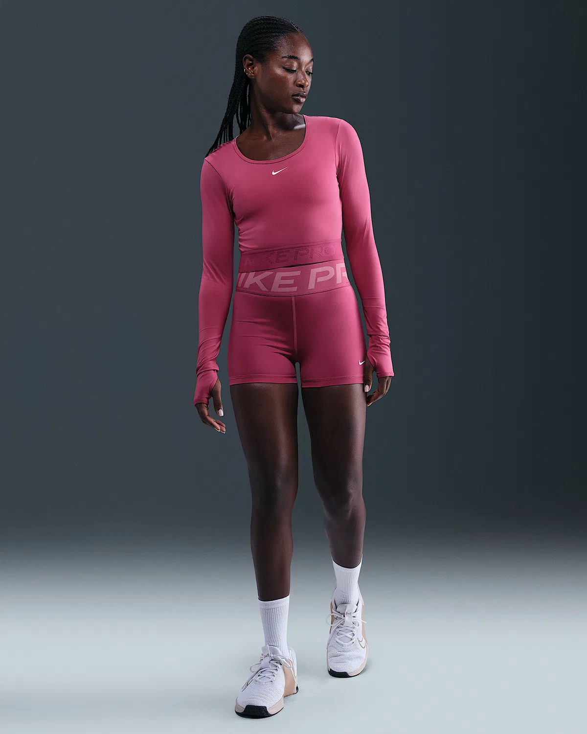Женский топ Nike Pro Dri-FIT с длинным рукавом, Sweet Beet/Rush Maroon/White — фото 4