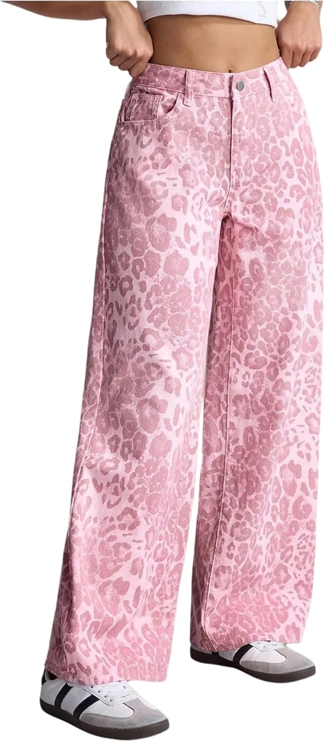 

OYOANGLE Женские джинсы с леопардовым принтом, широкие, с низкой посадкой