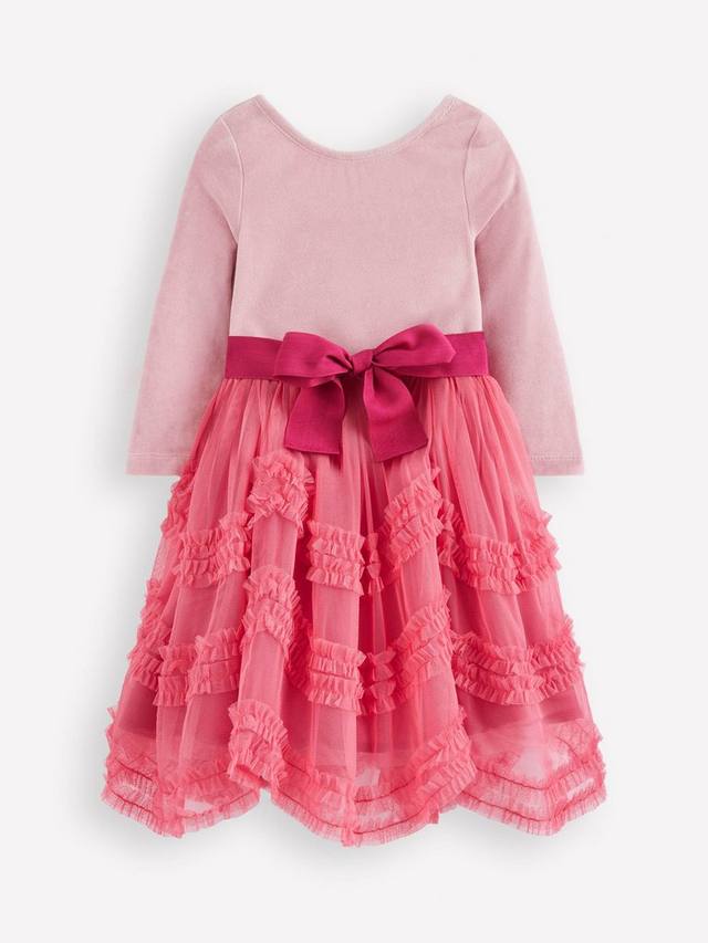 

Детское платье для праздника из велюра и тюля с рюшами Mini Boden, Rose Pink