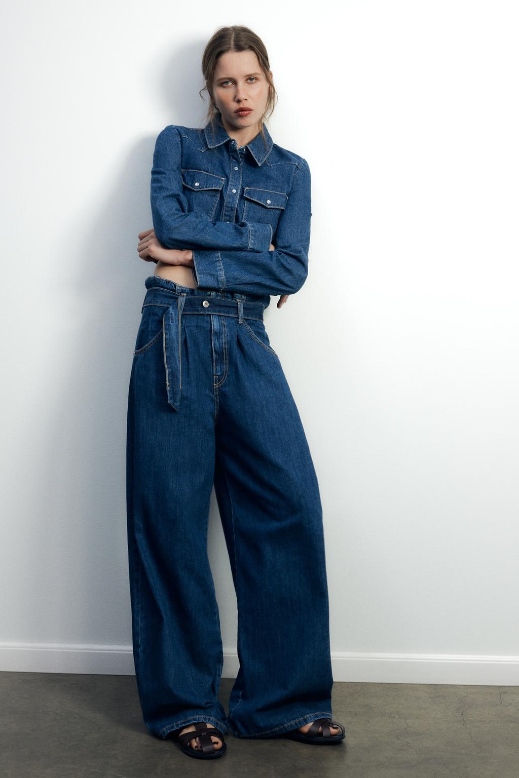 

Укороченная джинсовая рубашка trf ZARA, цвет Dark indigo