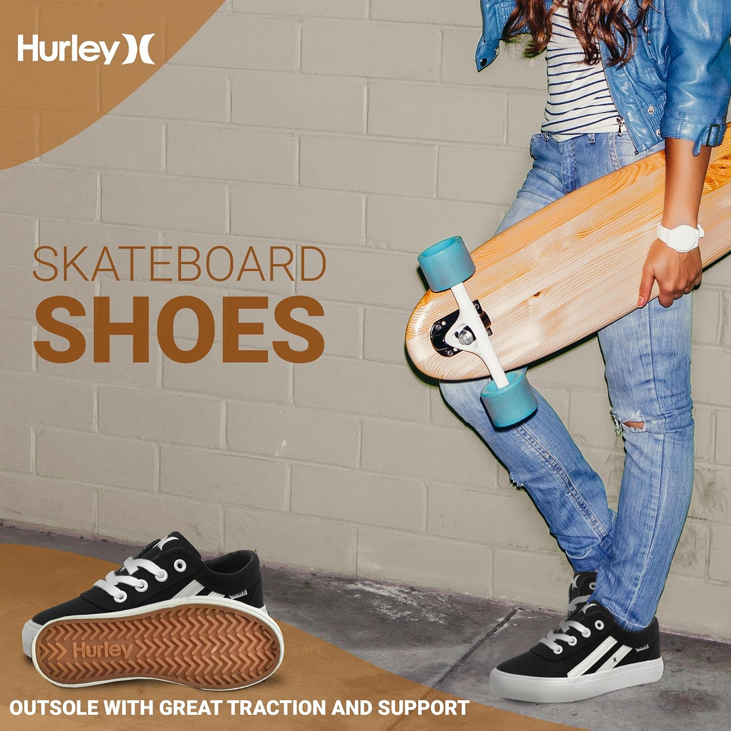 Кеды Hurley Boardy Kids с шнуровкой - низкие кроссовки для скейтборда для детей, спортивная обувь для мальчиков и девочек, белый/черный — фото 4