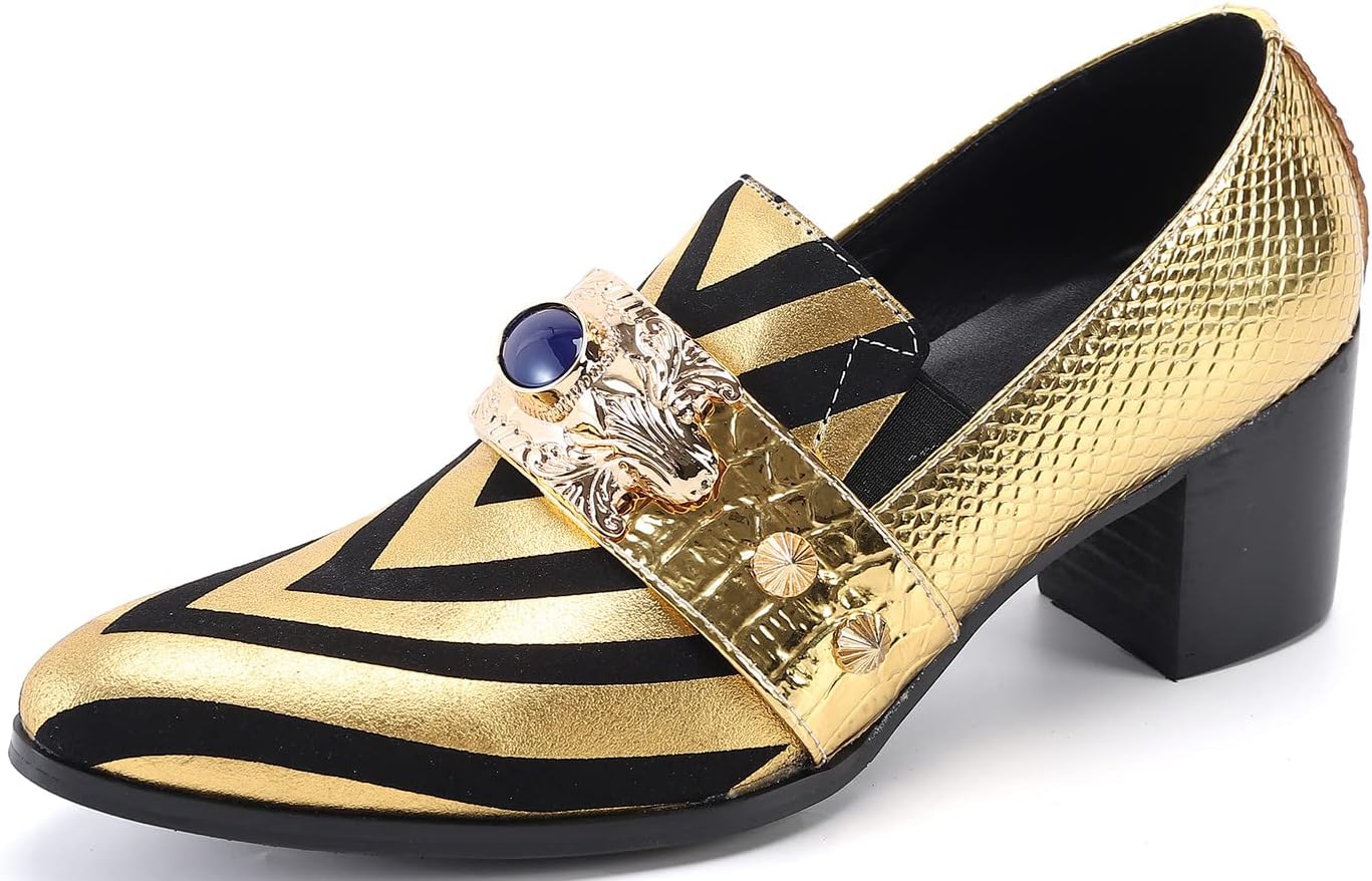 

Мужские слипоны Santimon из натуральной кожи - туфли с бархатистым рисунком в полоску, металлическим барочным ремешком, кубинским каблуком и украшением с камнями для сцены, выпускного, косплея и официальных мероприятий, золотой