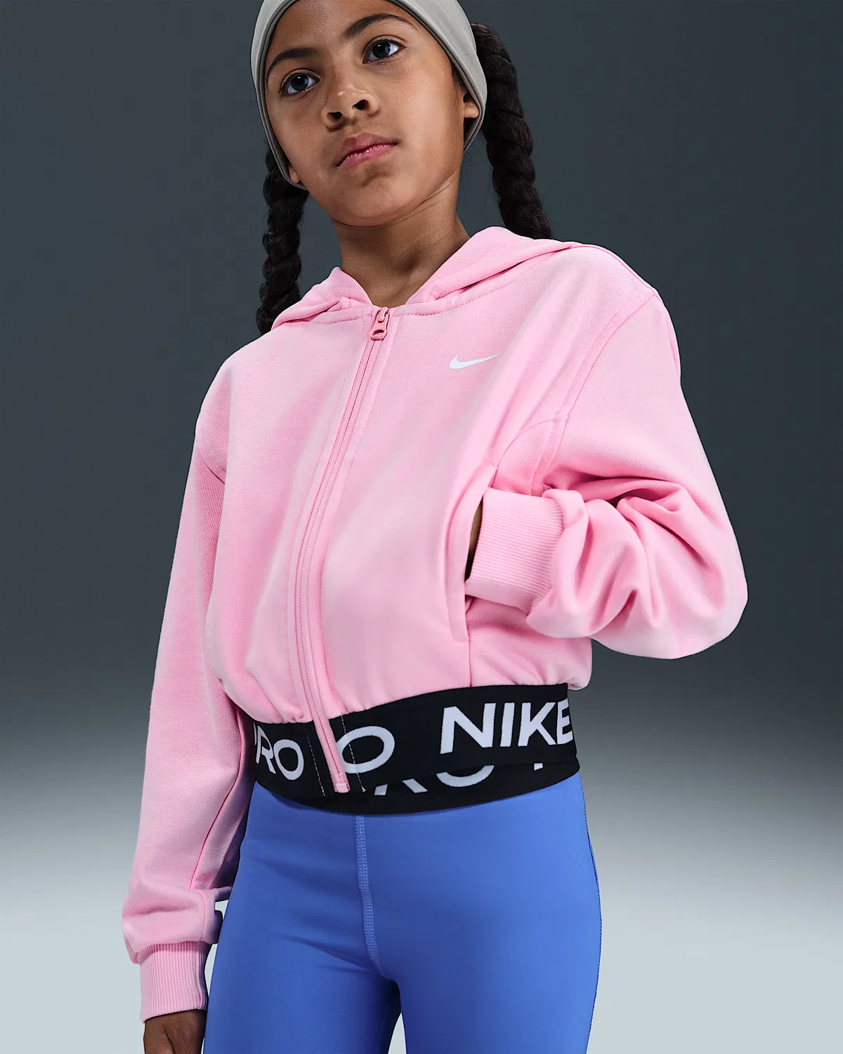 Детская (девичья) флисовая кофта Nike Pro Fleece Dri-FIT на молнии, Medium Soft Pink/Medium Soft Pink/Black/White