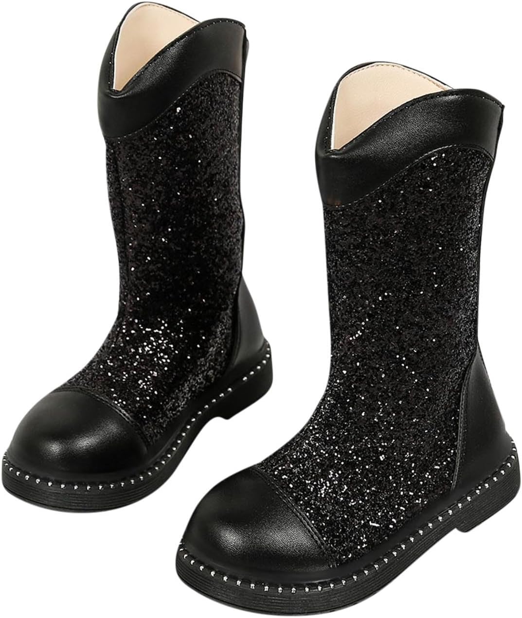 

Девочковые модные сапоги до середины икры с блестками и сверкающими элементами, боевые ботинки с задней молнией, комфортные сапоги на осень и зиму из искусственной кожи Generic, Black