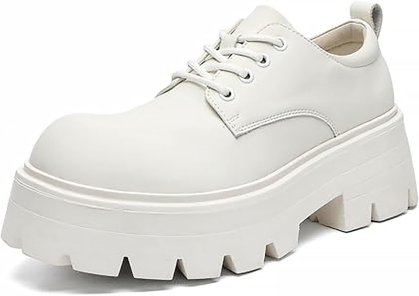 

Мужские кожаные ботинки на шнуровке с платформой, боевые ботинки, кожаные оксфорды на платформе, ретро, широкий носок, боковая молния, комфортный массивный каблук с протектором Generic, белый