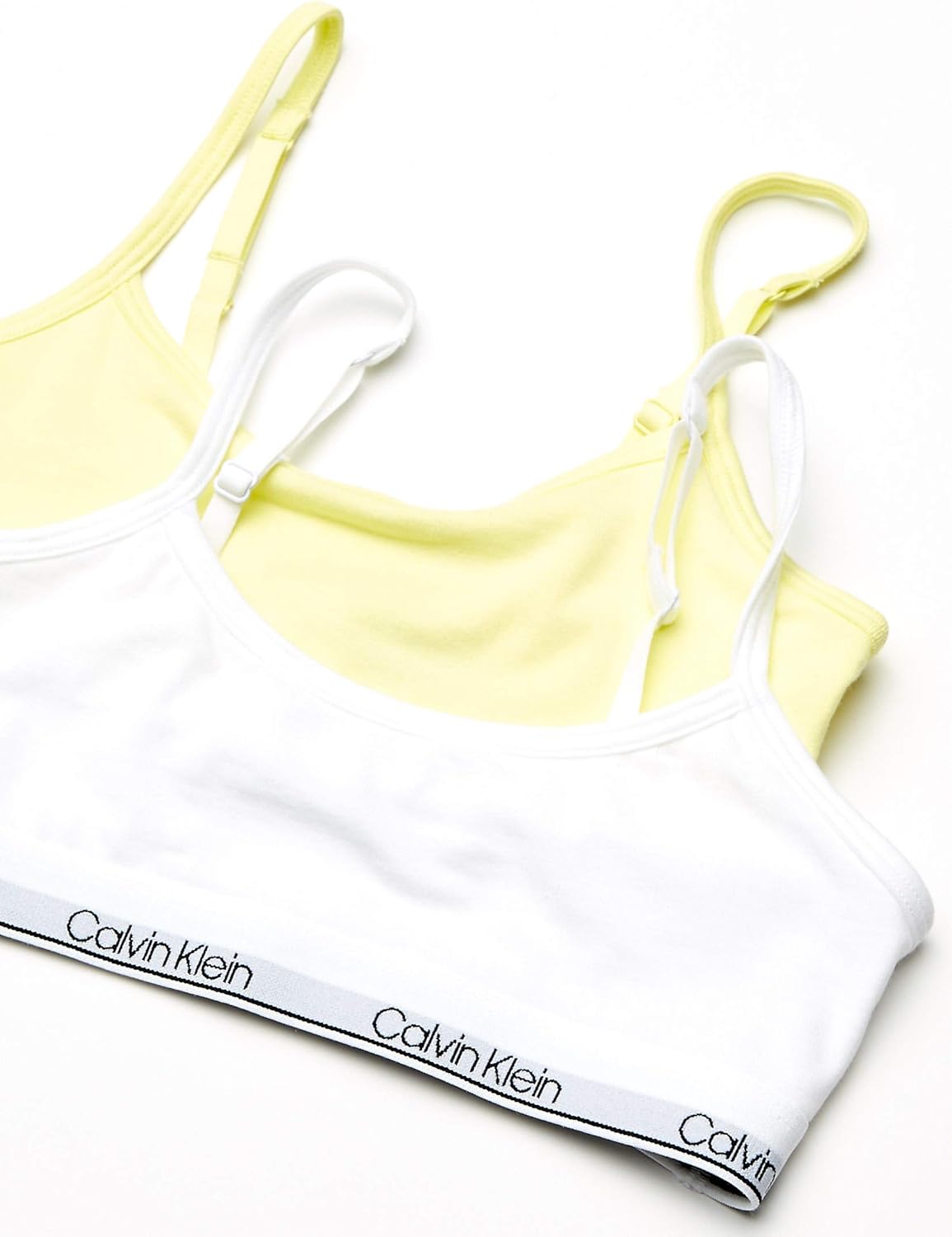 Спортивный бюстгальтер Calvin Klein Girls для девочек, хлопковый бюстгальтер-бралетт с регулируемыми бретельками, 2 Pack | Elfin Yellow/White — фото 3