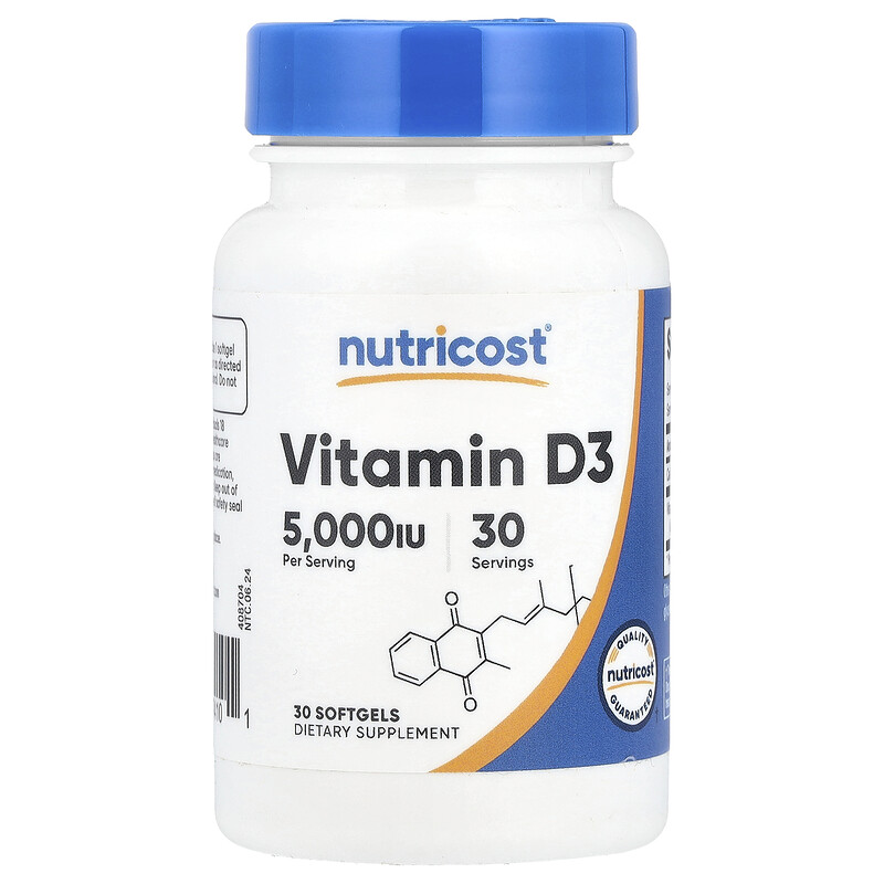 

Nutricost, Витамин D3, 5000 МЕ, 30 мягких таблеток