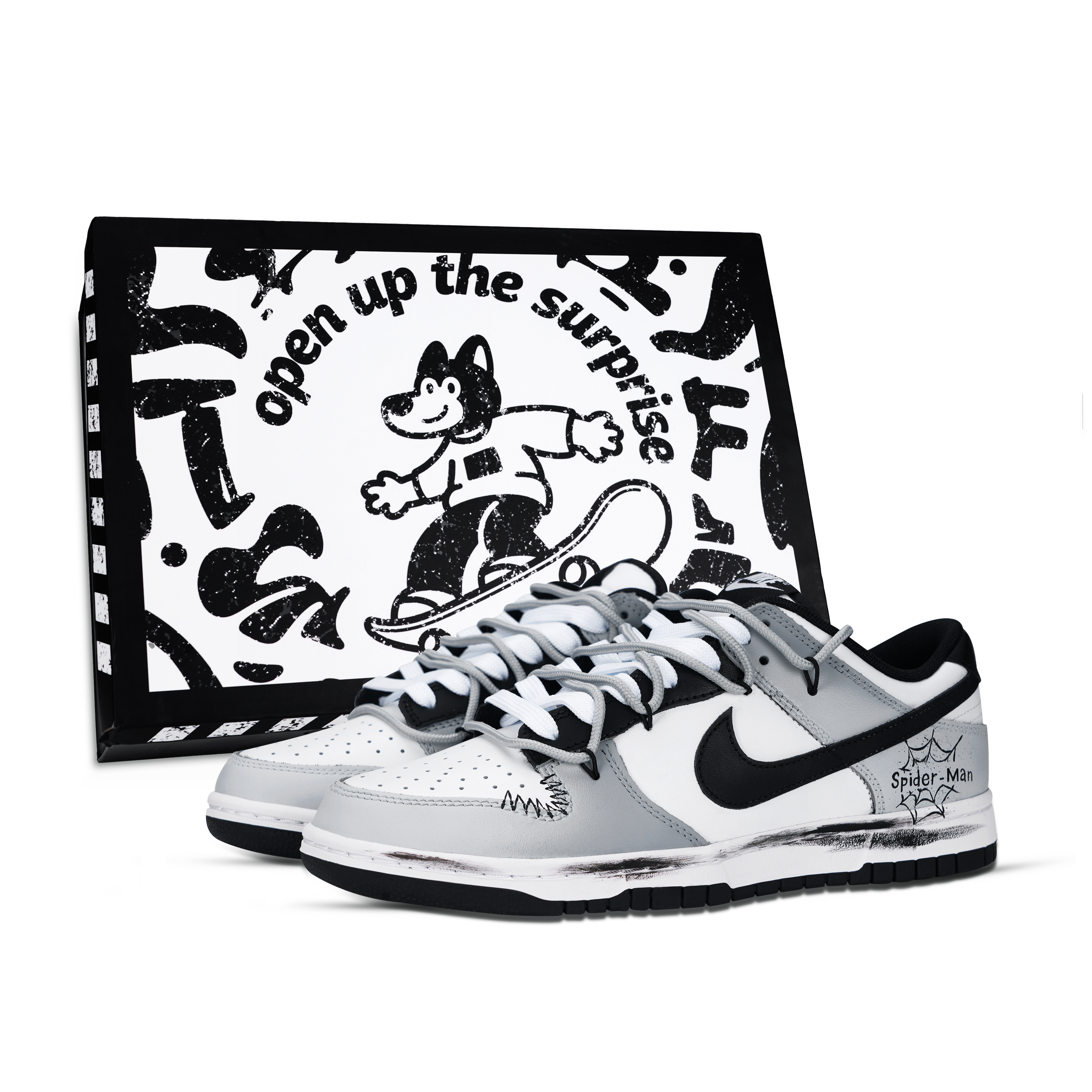 

Nike Кроссовки для скейтбординга Dunk Black White, Spider Web Disk, нескользящие, износостойкие, низкие, унисекс, серые