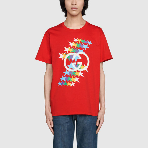 Футболка GUCCI SS21 520 Rainbow Stars Logo tee 'Red', красный — фото 2