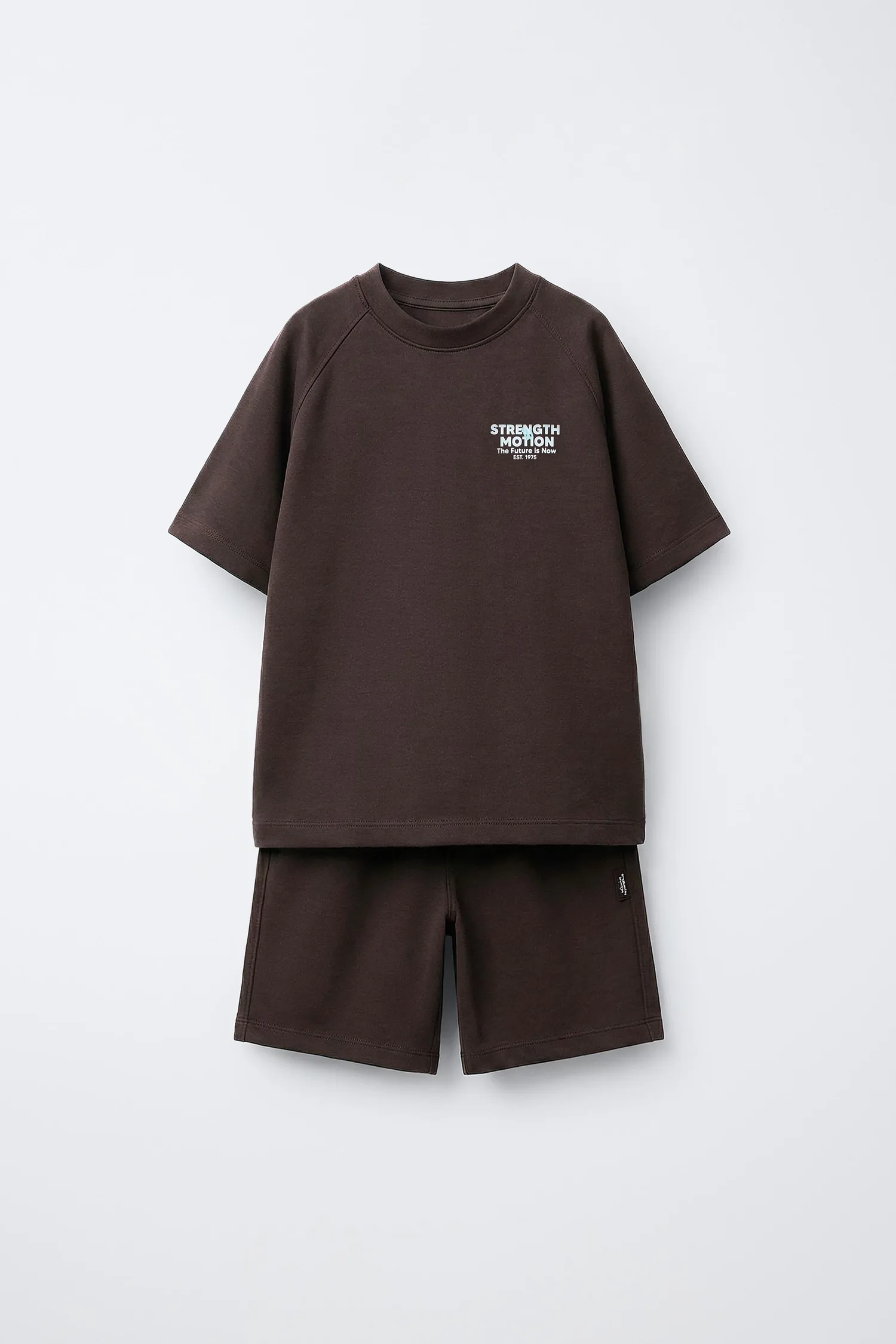 Комплект из футболки и шорт-бермуд из ткани интерлок с надписью Zara, шоколадный
