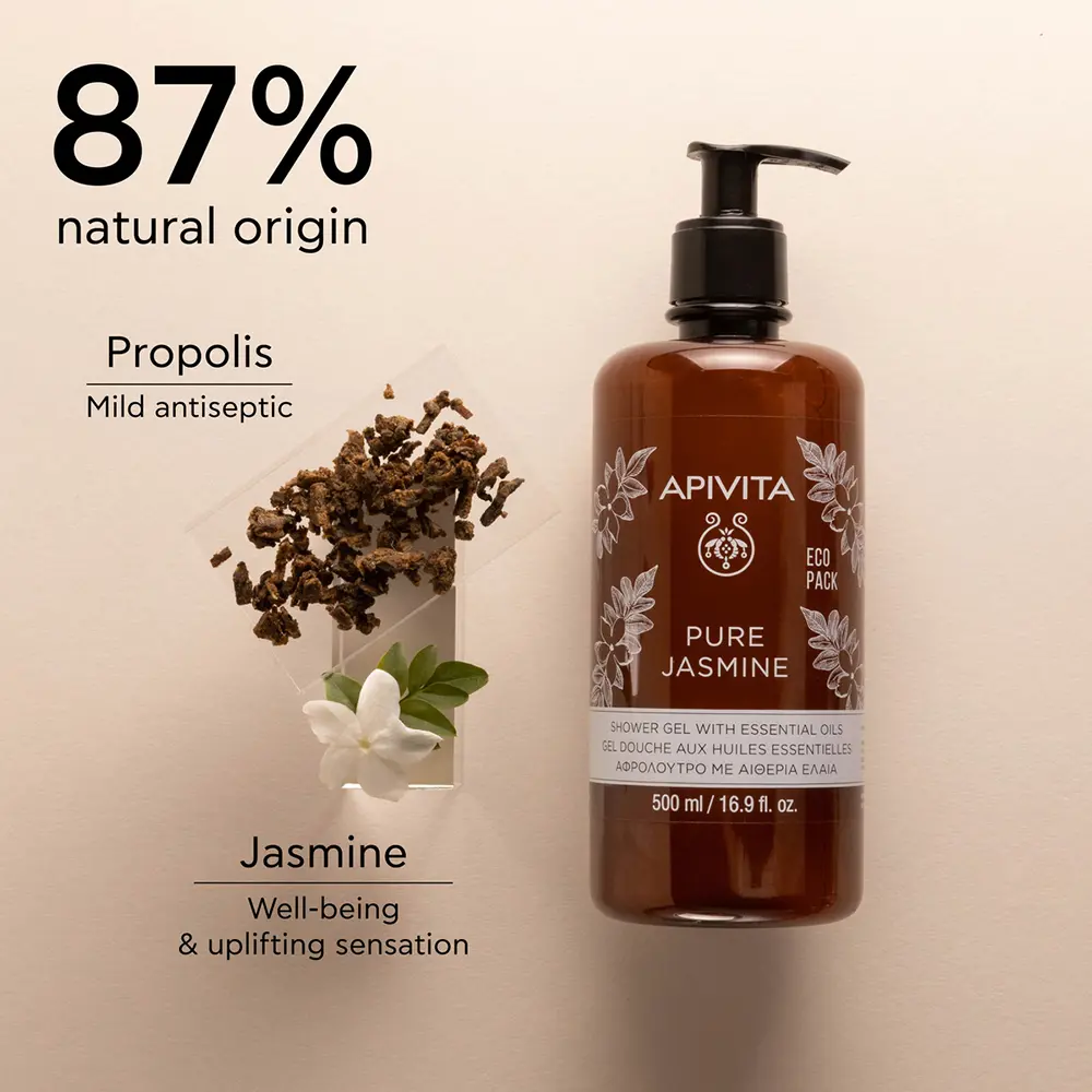 Гель для душа Pure jasmine gel de baño con aceite esencial de jazmín y aceite de propóleo Apivita, 500 мл. — фото 3