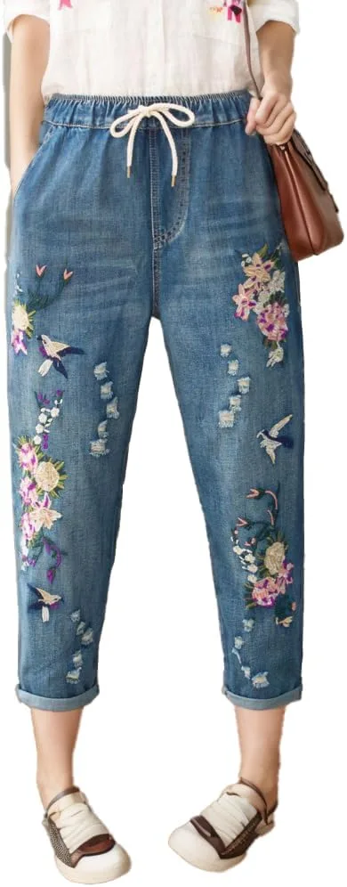 

Женские джинсы с высокой талией Vintage Floral Embroidery, Plus Size, с поясом-шнурком Epanus