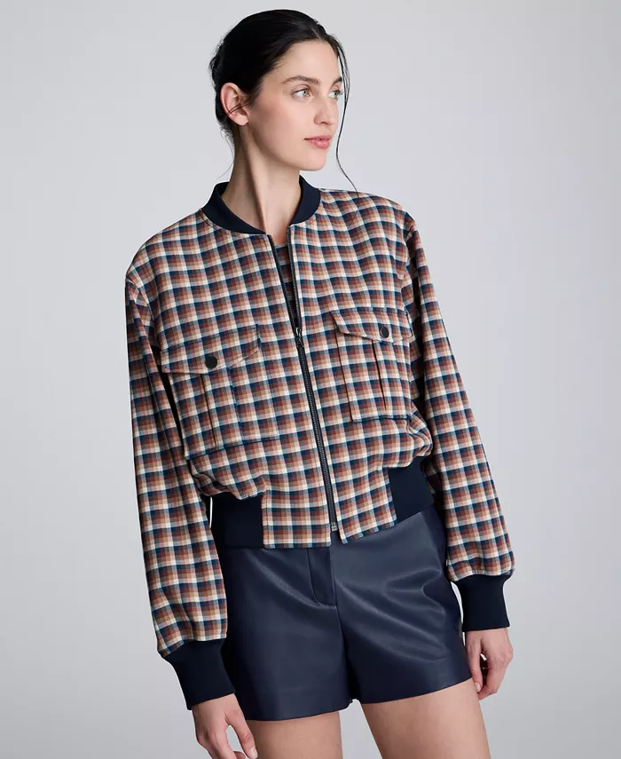 

Женская клетчатая укороченная куртка-бомбер Kenneth Cole, синий