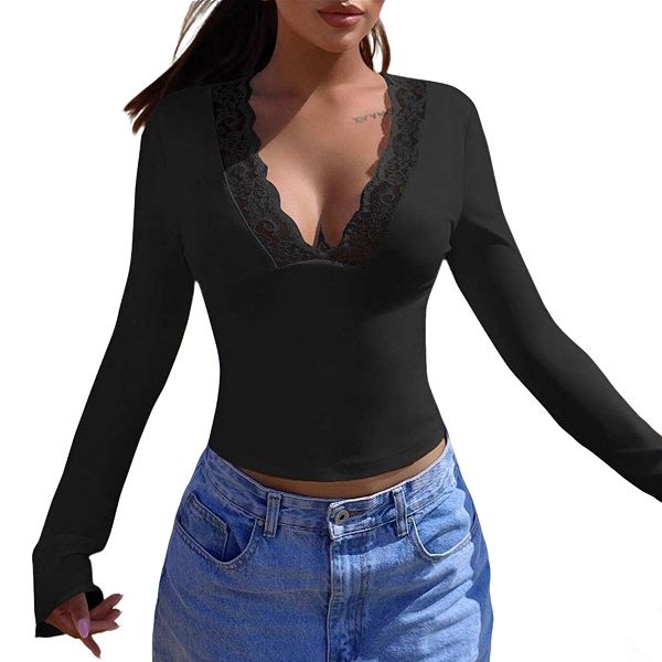 

Женская блузка с кружевным V-образным вырезом, длинными рукавами и расклешенными манжетами Clearflower, Black