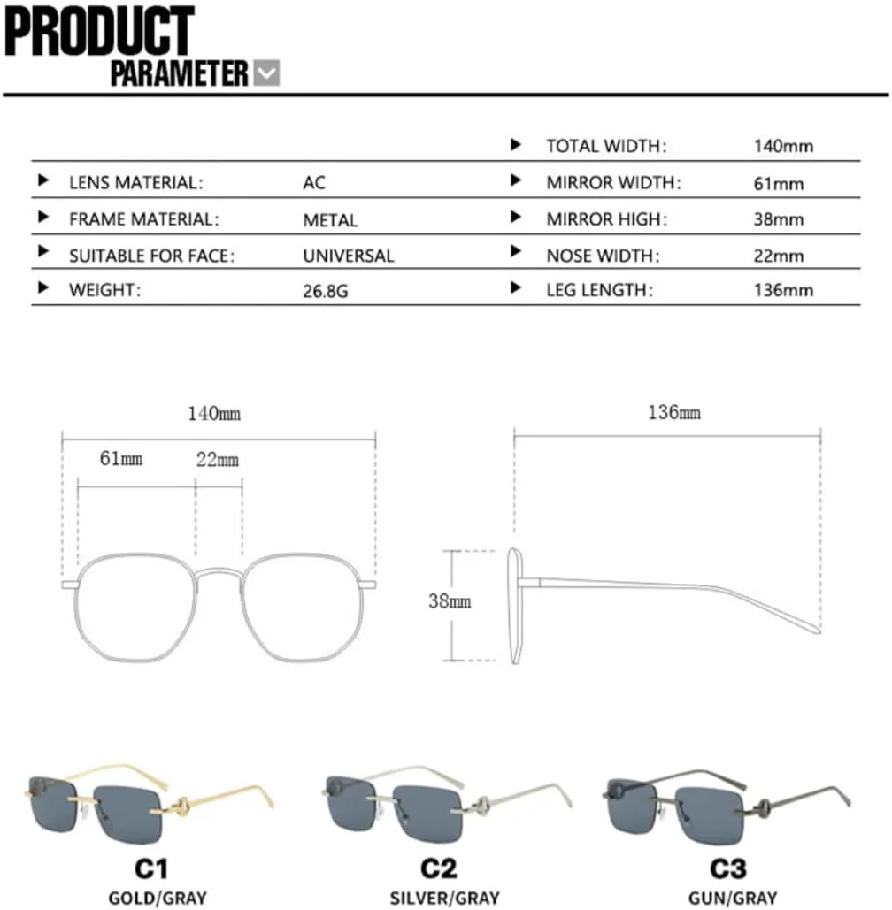 

Стильные квадратные очки без оправы для мужчин и женщин, высококачественные декоративные солнцезащитные очки с защитой от ультрафиолета TVTBBVV, Gold Tea