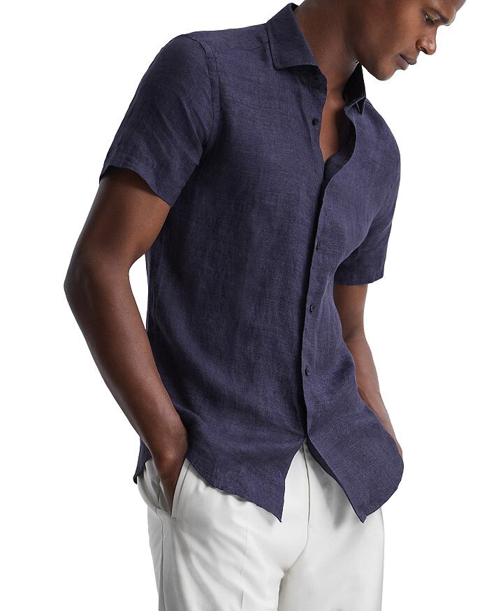 

REISS Holiday Slim Fit Льняная рубашка с короткими рукавами, синий