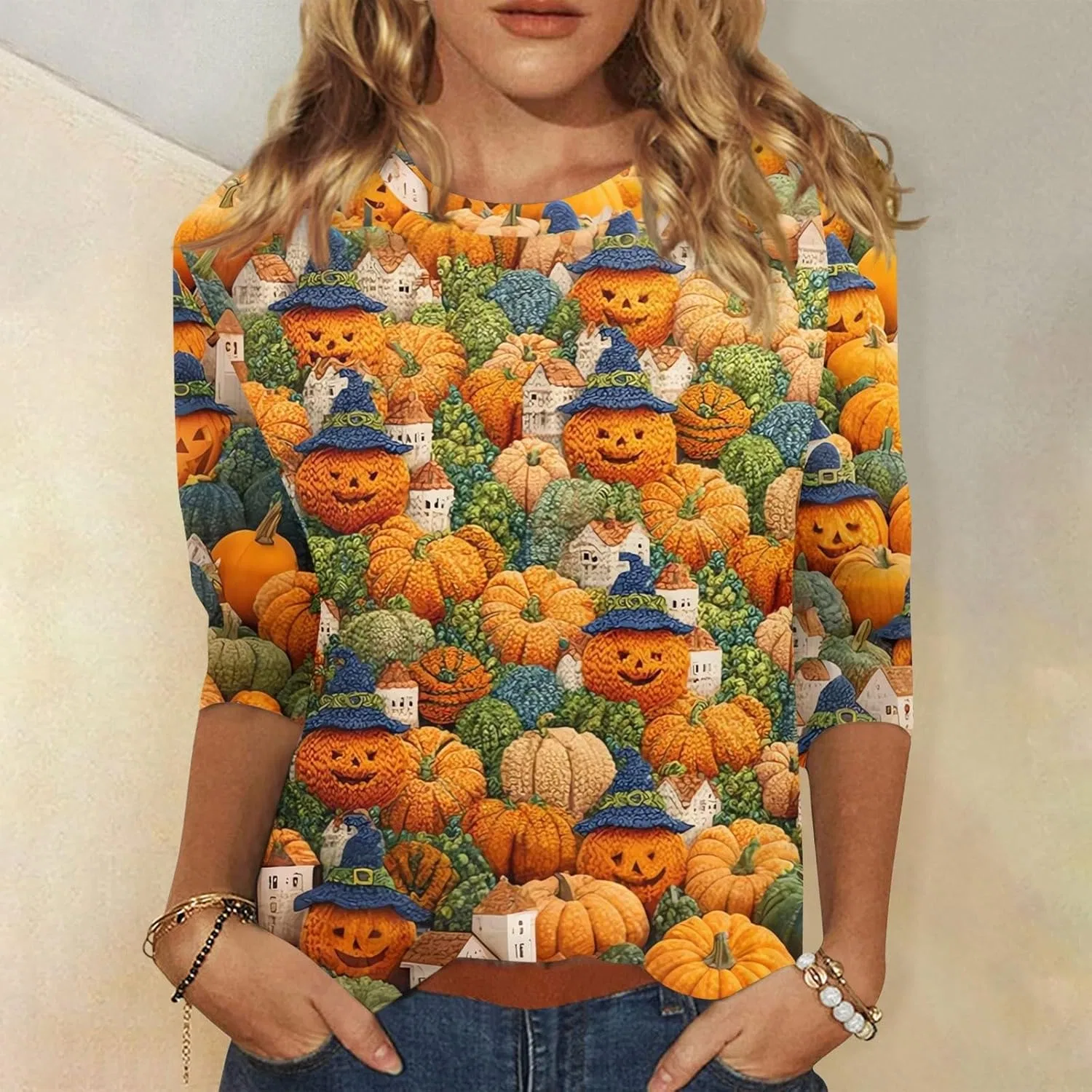 Блуза с принтом, Halloween, 3/4 рукав, свободный крой, 5-green — фото 3