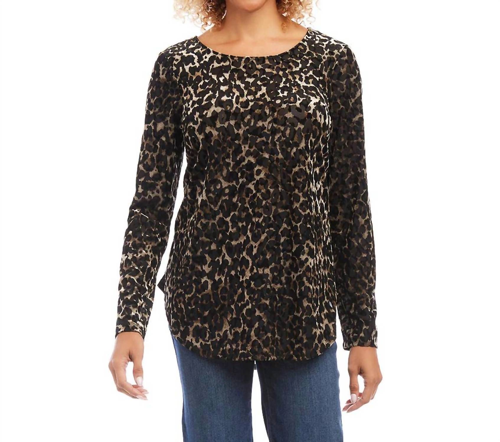 

Karen Kane Топ-рубашка Beverley Velvet Burnout Shirttail черного цвета с коричневыми элементами