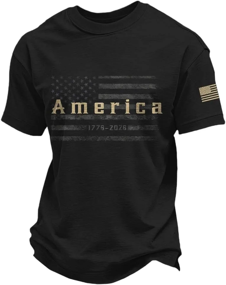 Футболка мужская с принтом флага Америки Vintage America 1776-2026, футболка к 250-летию США, патриотическая футболка с флагом США Generic, черный