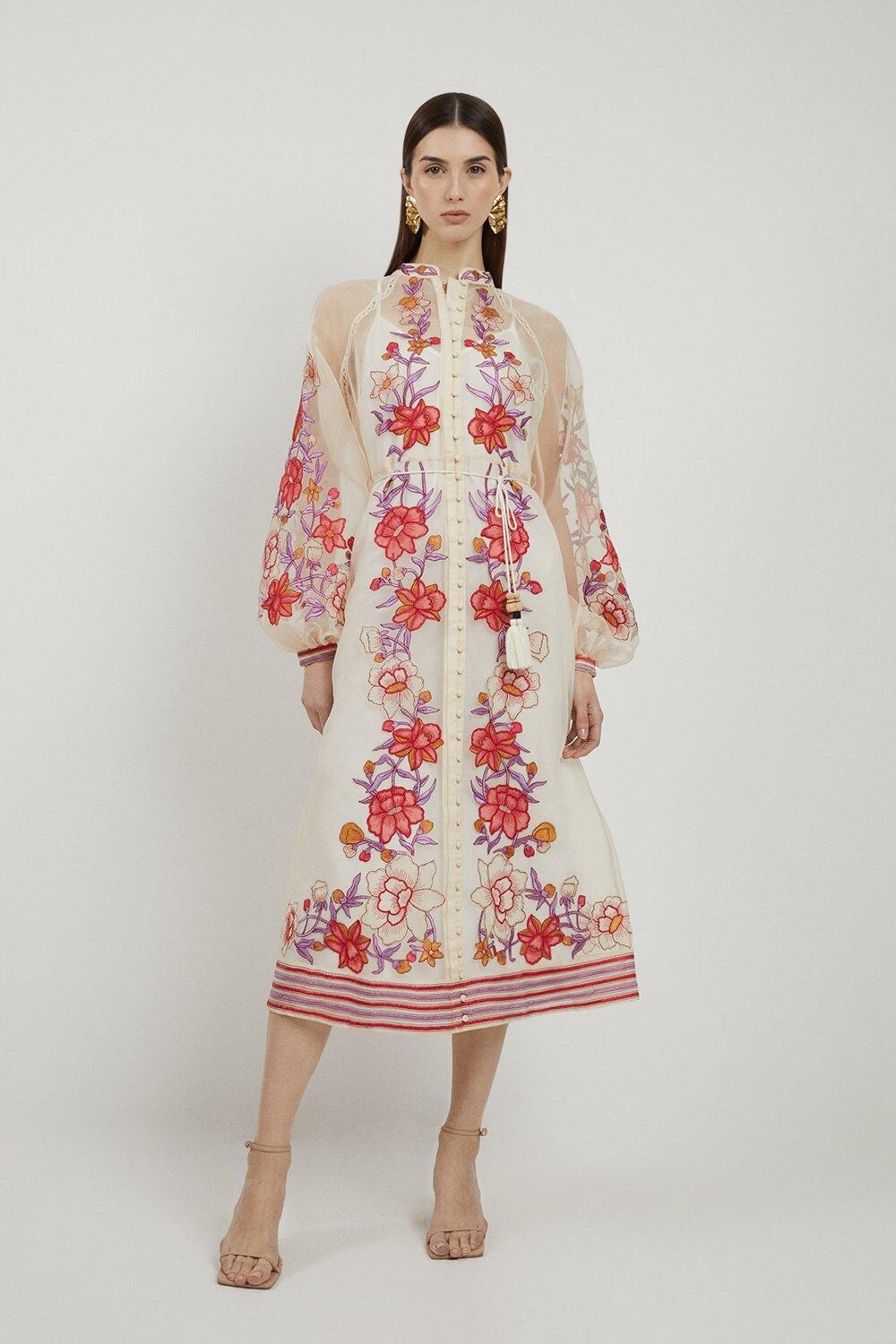 

Платье миди из органди с цветочной вышивкой Karen Millen, розовый