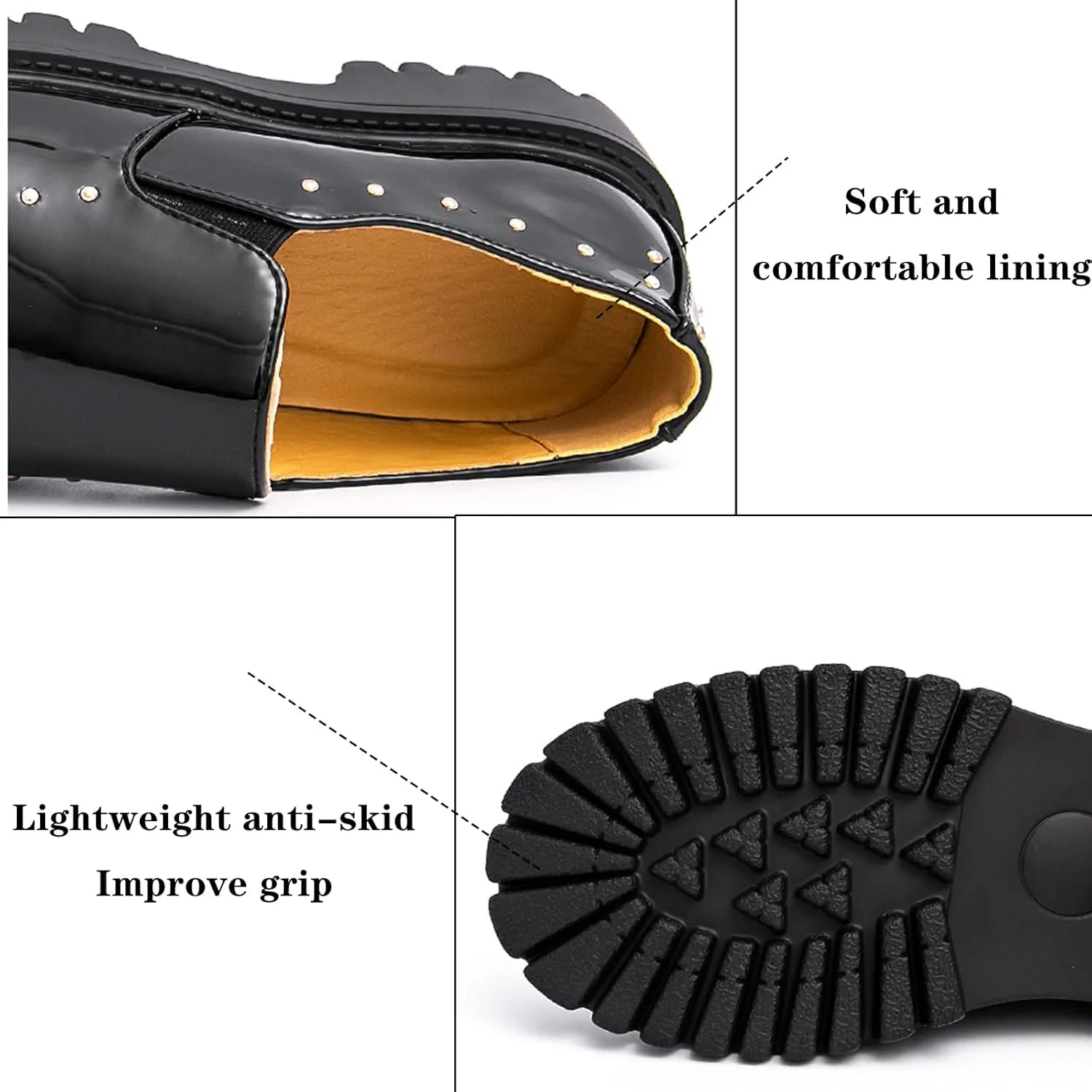 Мужские блестящие кожаные платформенные лоферы Comfort Penny Locafers с круглым носком, легкая подошва с лучом, золотые заклепки, классические туфли для деловой работы, повседневной ношения TZNBGGE, черный — фото 4