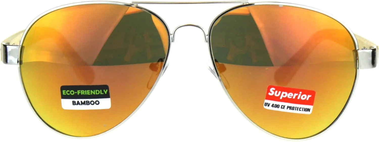 

Солнцезащитные очки-авиаторы с дужками из натурального бамбукового дерева, унисекс, зеркальные линзы, защита от УФ-излучения UV 400 PASTL, Silver (Orange Mirror)