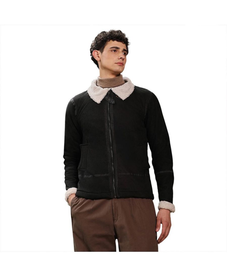 

Мужская замшевая куртка в стиле мотоциклист цвета полуночно-черный с контрастной подкладкой из искусственной овчины Campus Sutra, Black