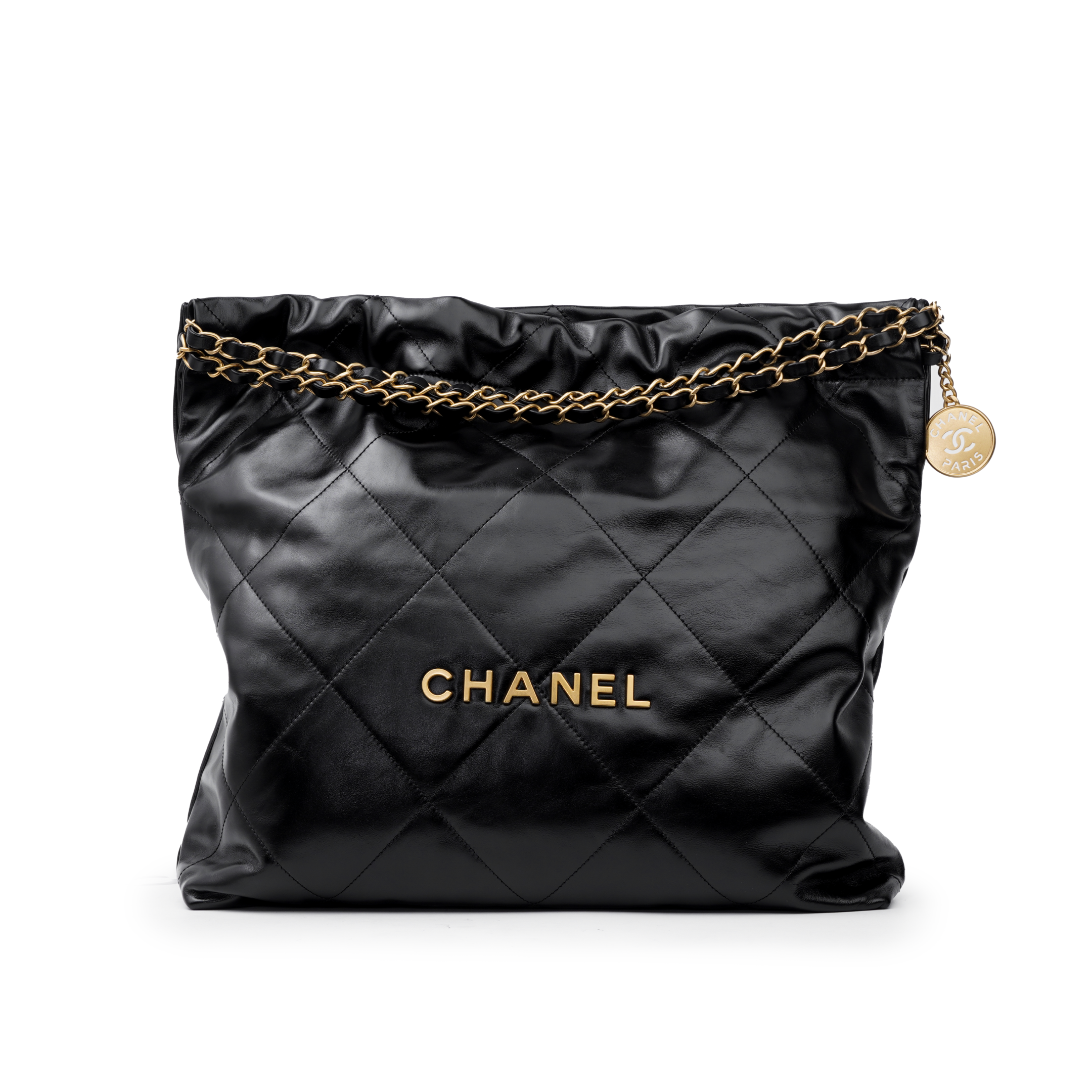 

CHANEL 22Bags, средняя сумка через плечо, блестящая телячья кожа, черная