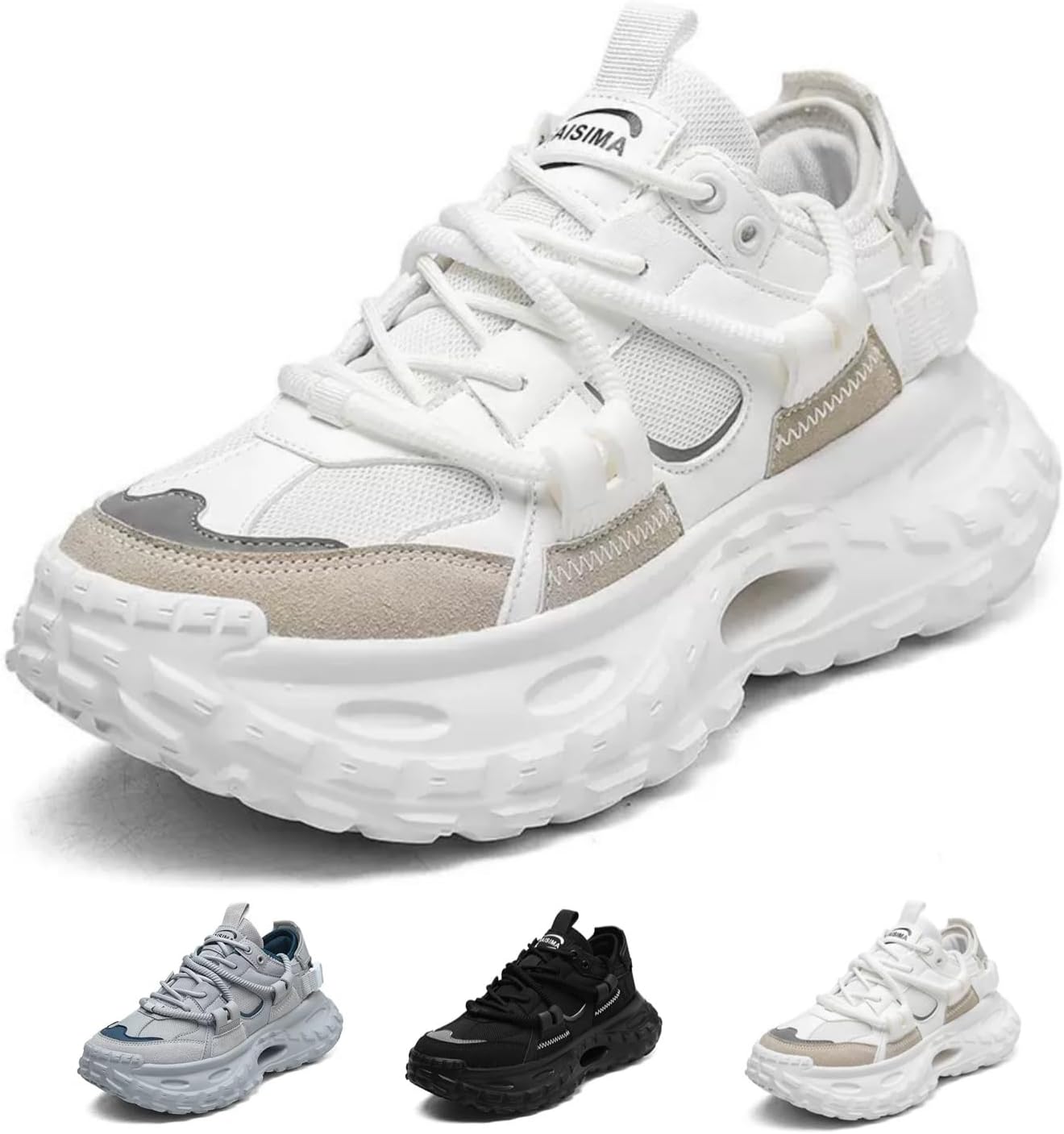 

Мужские модные ретро-кроссовки MACEFIL на платформе, дышащие сетчатые туфли в стиле «папа», модные повседневные массивные кроссовки для мужчин, белый