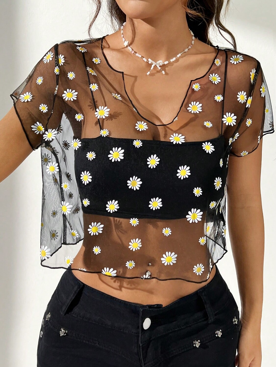 

SHEIN EZwear - женский летний модный сетчатый топ Daisy, черный цвет
