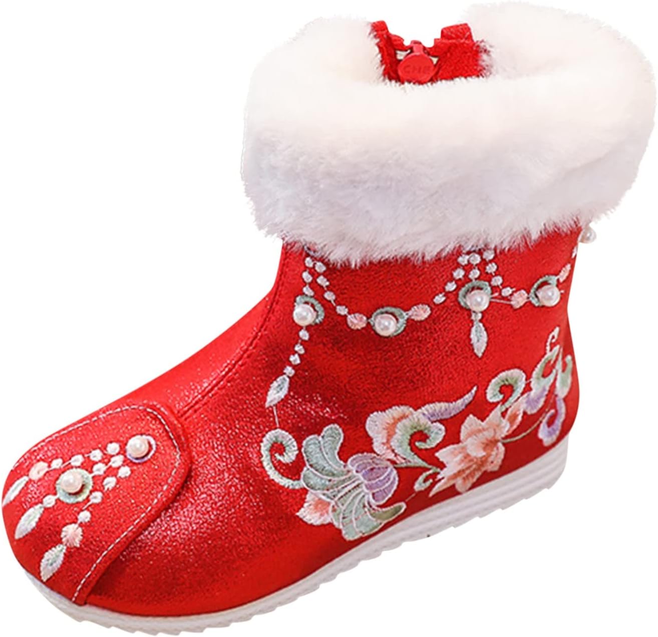 

Детские китайские вышитые плюшевые сапожки с подкладкой, зимние теплые ботинки для девочек на молнии с боковой застежкой, противоскользящие Generic, Red