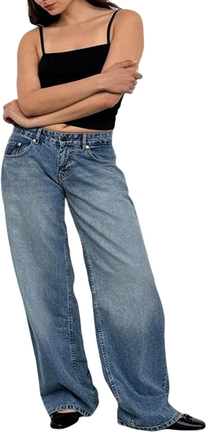 Женские джинсы low rise baggy, Y2k washed straight wide leg, casual loose vintage fit boyfriend