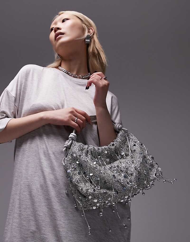 

Серебристая сумка-саквояж Topshop Giami с атласной ручкой и бисером
