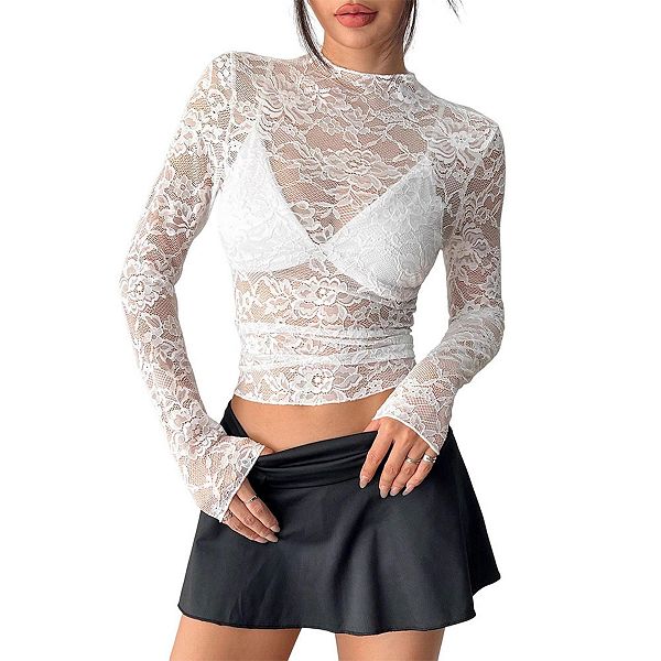 

Женский топ с кружевными вставками и длинными рукавами Clearflower, White