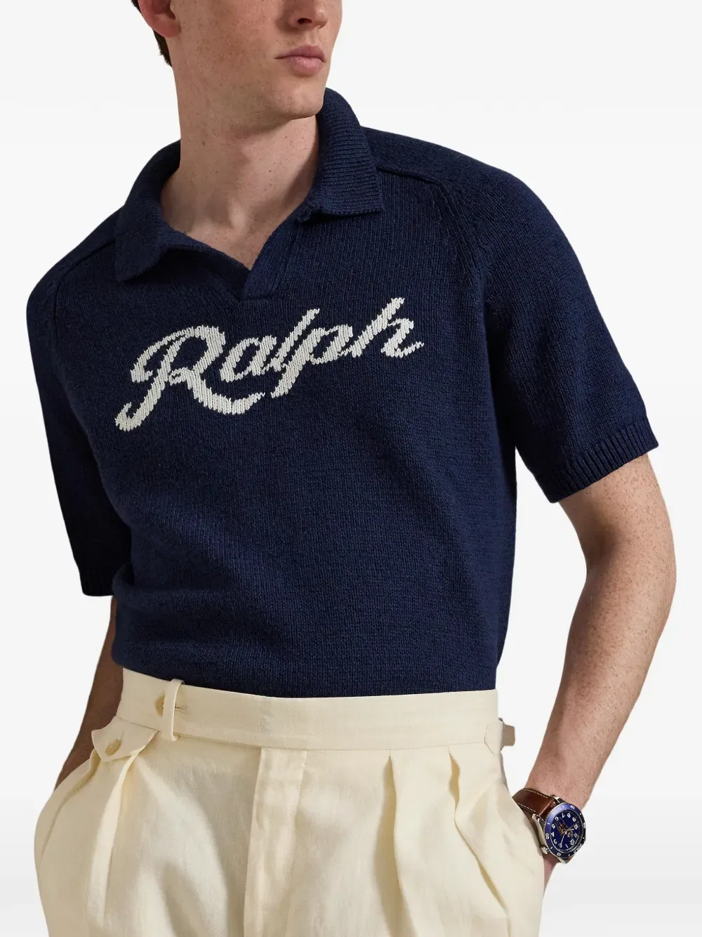 Свитер с короткими рукавами и интарсией логотипа Polo Ralph Lauren, синий — фото 3