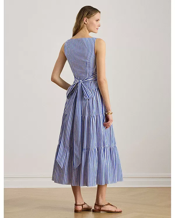 Полосатое многоярусное платье из сукна Ralph Lauren, Blue/White — фото 3