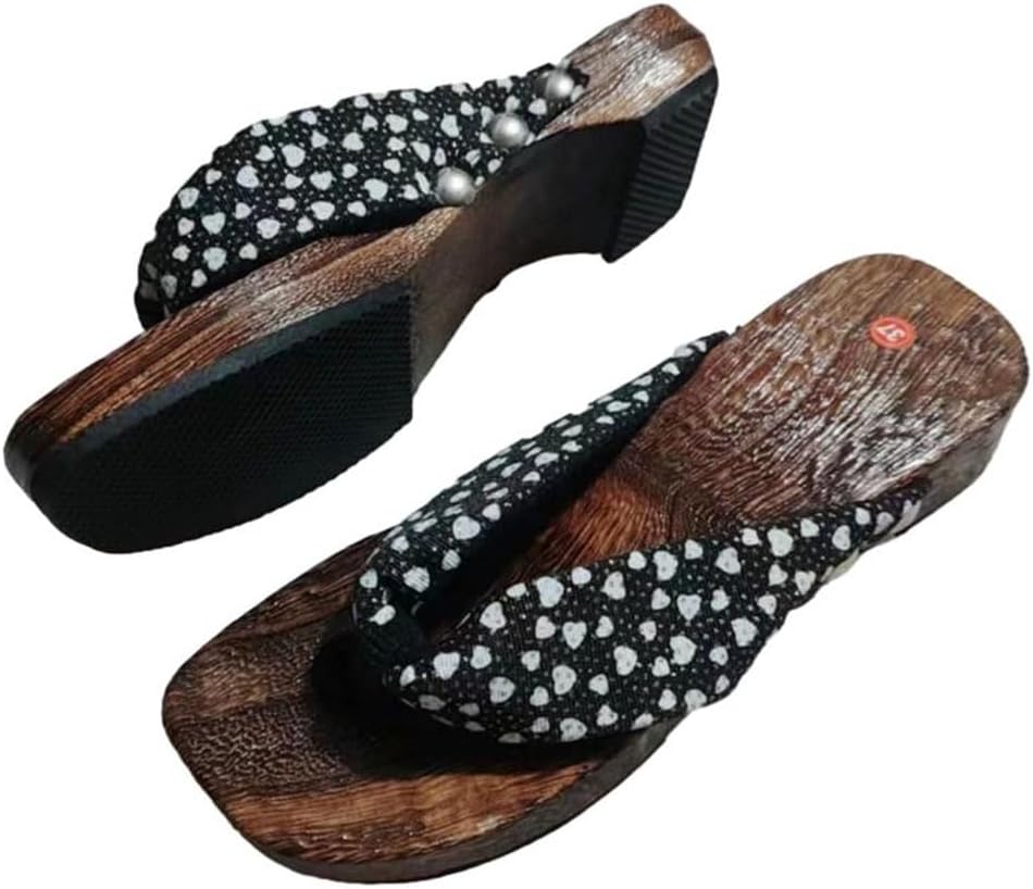 

Традиционные японские сандалии гета, деревянные сабо, кимоно, шлепанцы, тапочки на наклонном каблуке, японские тапочки с цветочным узором Chewyz, черный