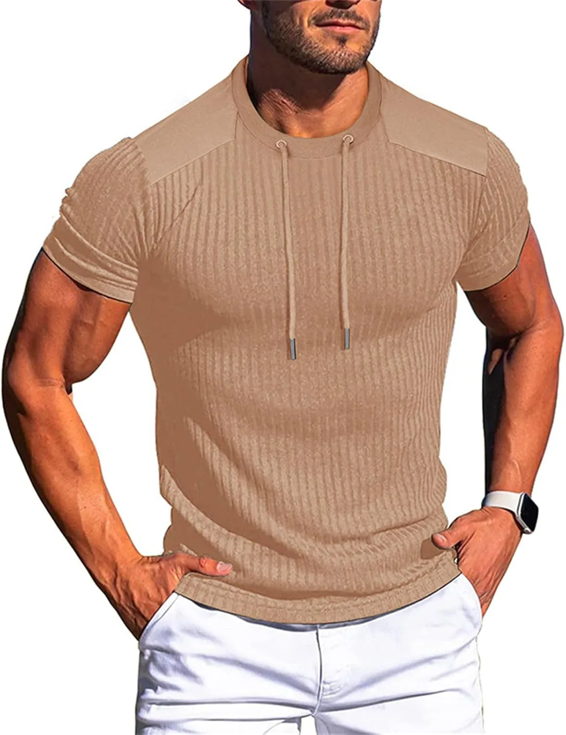 

Мужская короткая рубашка-поло с ребристым трикотажем, воротником на шнурке и панелями на плечах RODYETQQ