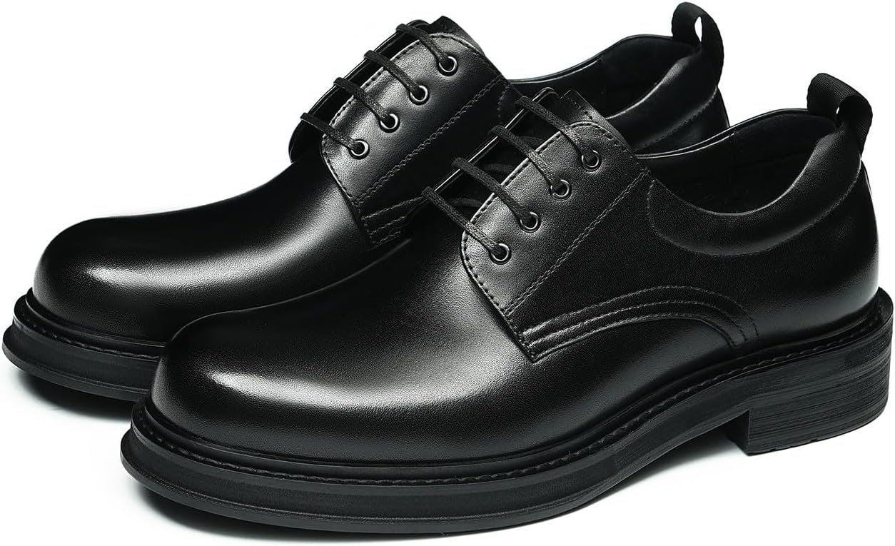 

Мужские классические туфли Santimon Derby - туфли-оксфорды с простым носком на шнуровке из натуральной кожи с амортизирующей стелькой и противоскользящей массивной подошвой - для работы, свадьбы и повседневной носки, черный