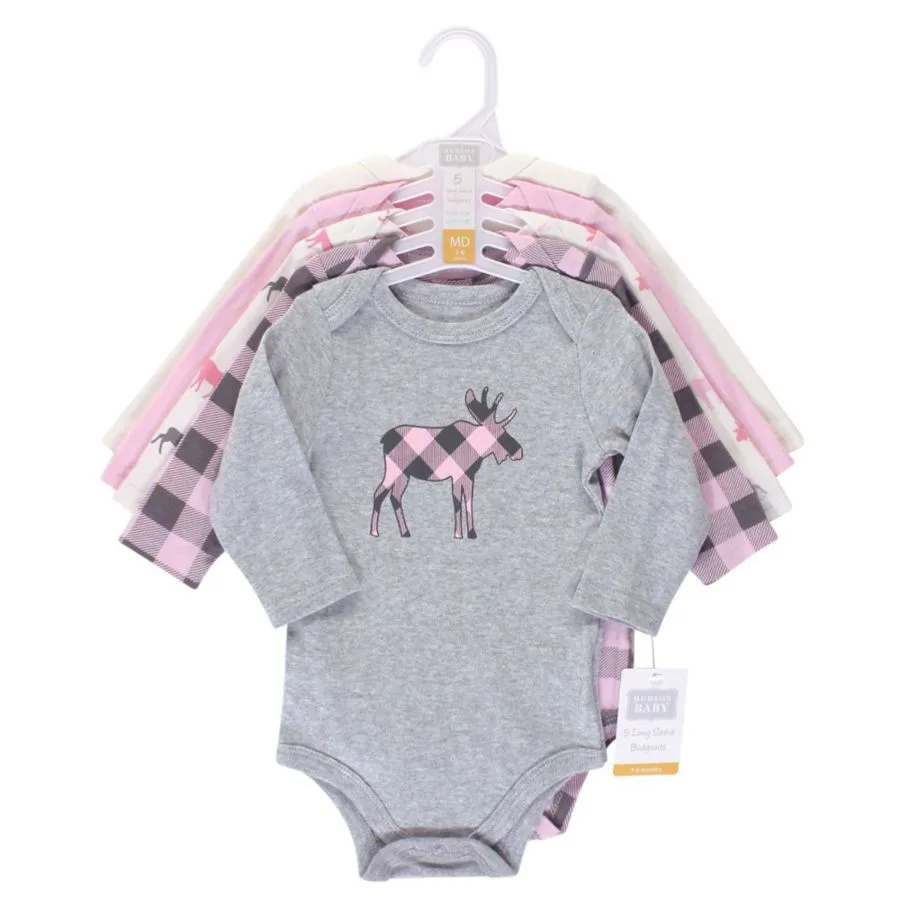 Хлопковые боди с длинными рукавами, комплект из 5 штук с рисунком слона Hudson Baby, розовый moose — фото 2