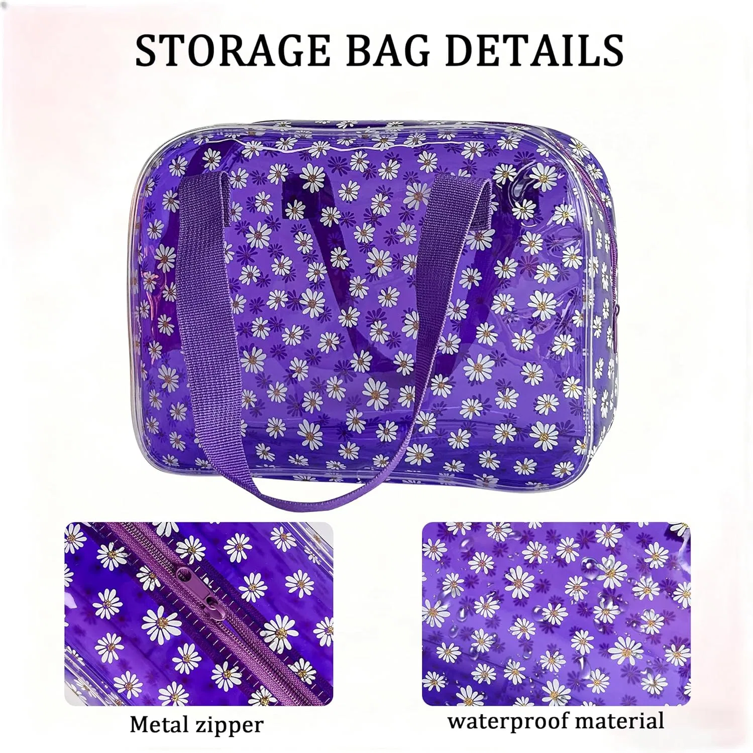 Большая прозрачная косметичка из ПВХ с узором ромашек Toteprint, Purple + Woven Handle — фото 3