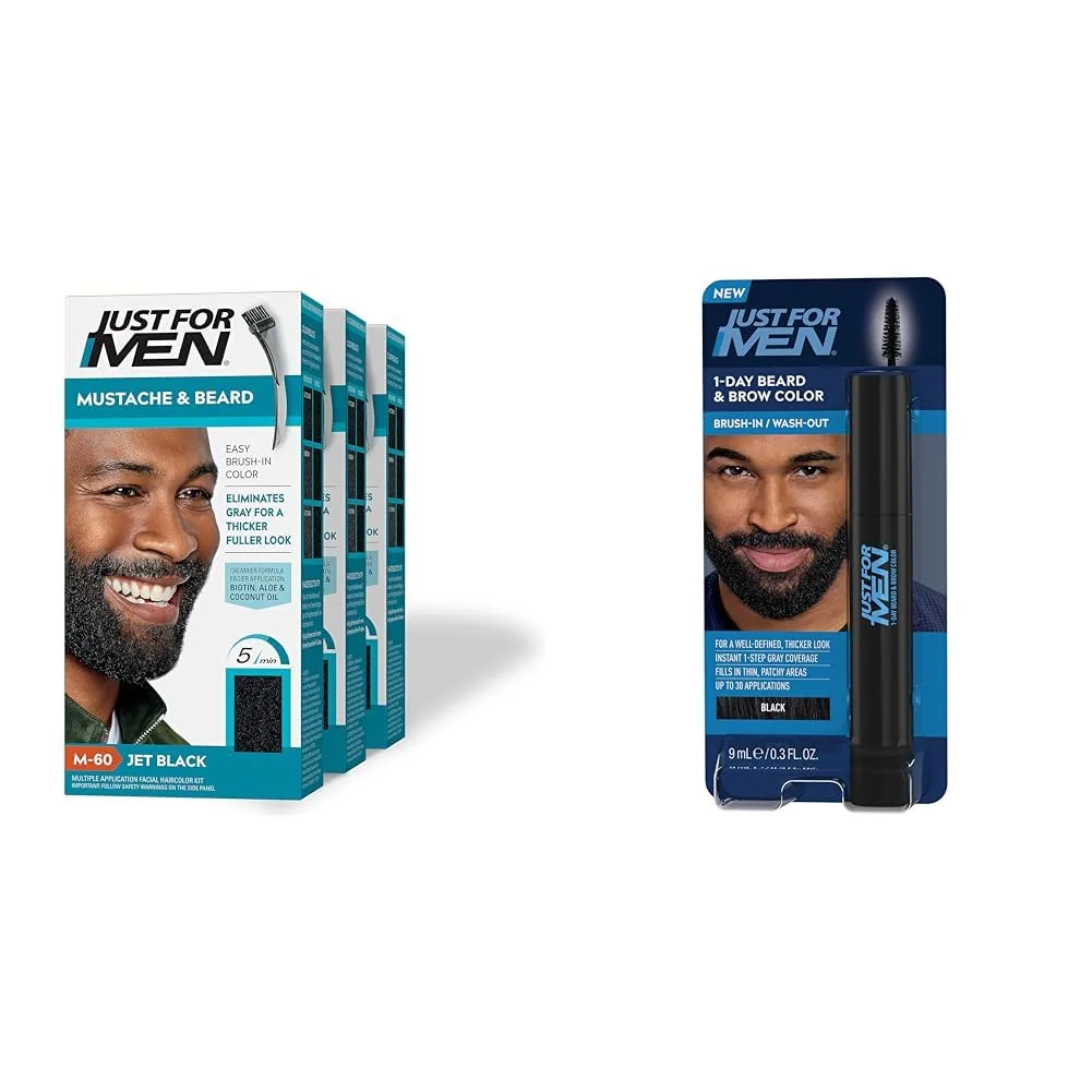 Just For Men Mustache & Beard, Jet Black, M-60, набор из 3 штук + 1-Day Beard & Brow Color, временный краситель для бровей, для более густого и четкого вида, до 30 применений, Black, Jet Black