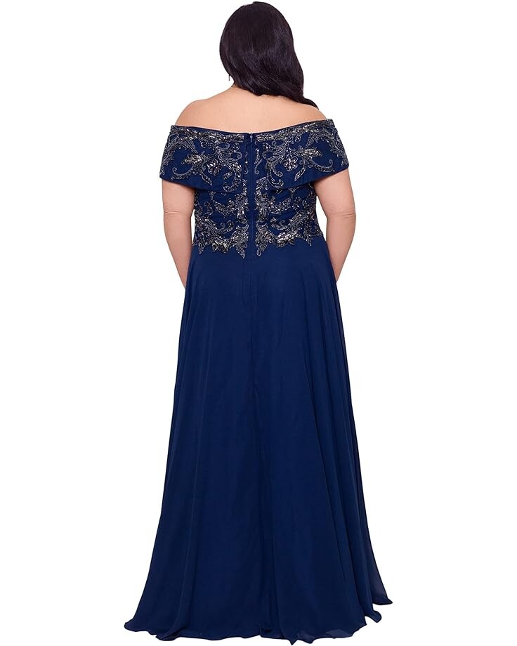 

Платье XSCAPE Plus Size Long Off-the-Shoulder Chiffon Bead Top, темно-синий