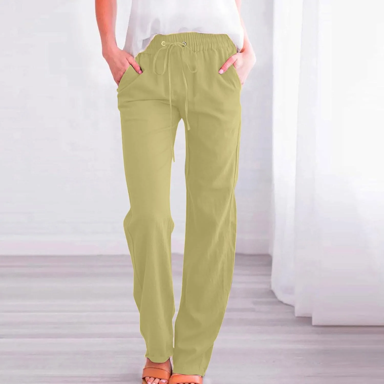 Женские хлопковые льняные брюки Casual Loose Straight Leg Joggers High Waist с карманом — фото 2