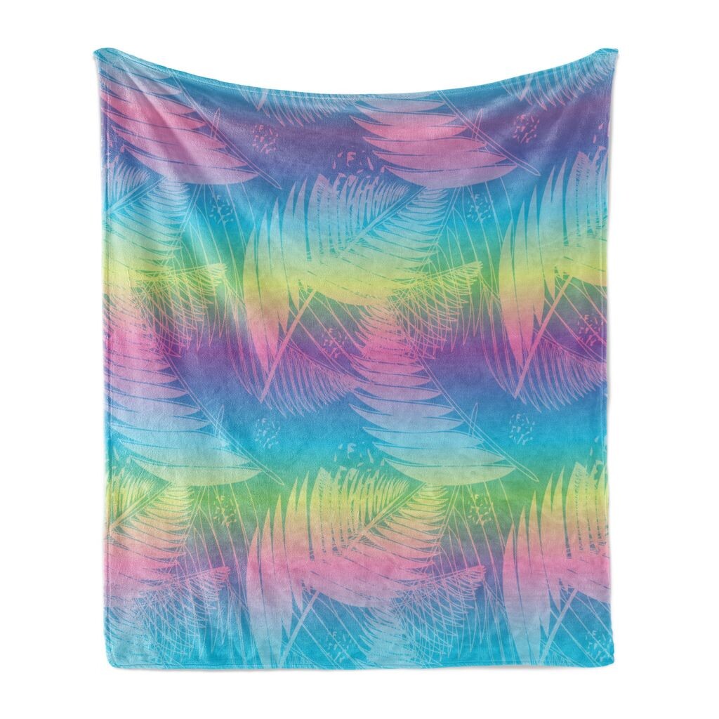 

ABAKUHAUS Rainbow Ombre Мягкое фланелевое флисовое одеяло, тропический забавный узор с экзотическими ветвями и абстрактными линиями, 175 x 230 см, разноцветный