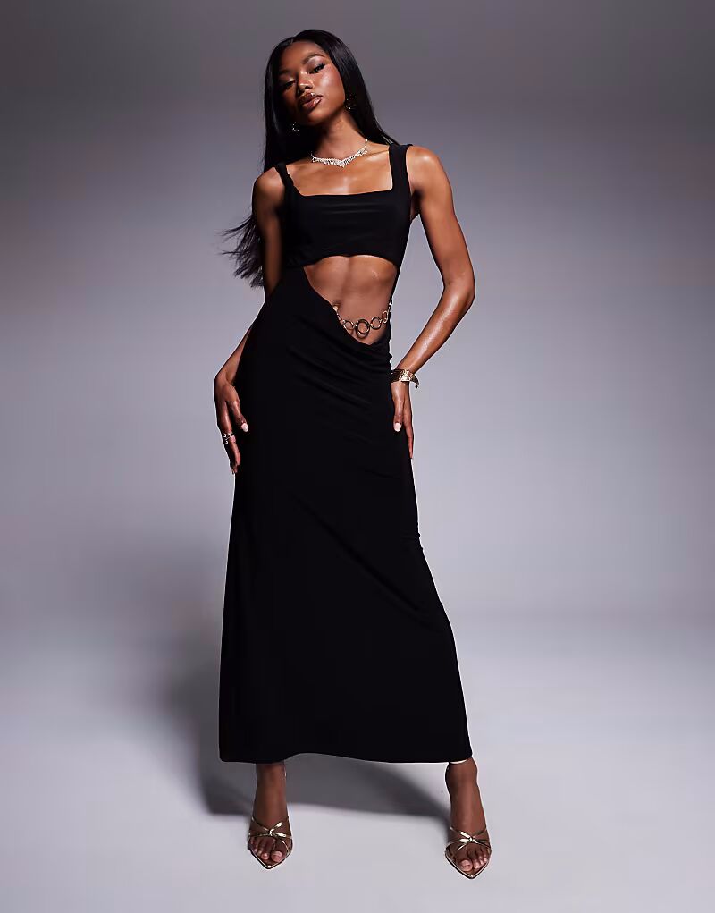 

Платье макси ASOS DESIGN с квадратным вырезом, цепочкой на талии в стиле 90-х и вырезом-хомутом черного цвета