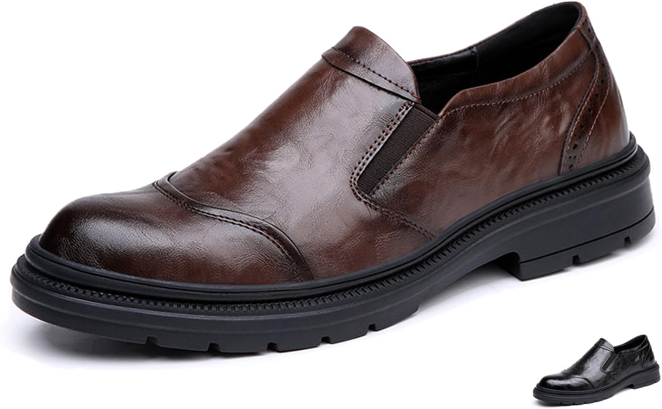 

Мужские кожаные массивные туфли-лоферы на платформе, классический носок с крышкой, грулая подошва, деловые лоферы с молнией, слипоны, повседневные и офисные туфли Aivyfaja, темно-коричневый